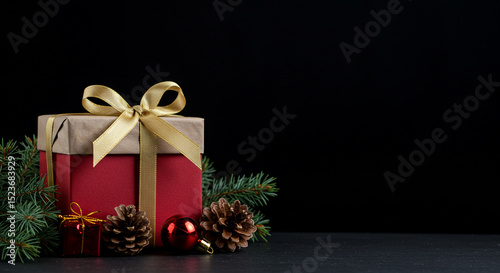 Red Gift Box With Gold Bow and Christmas Decorations