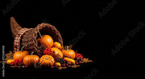 Abundance Harvest Cornucopia With Pumpkins and Berries in Autumn