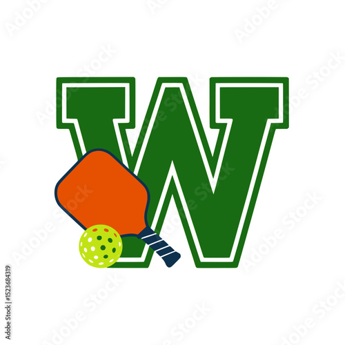 Pickleball paddle and ball with varsity W, Orange pickleball paddle and neon yellow ball with red and dark holes displayed in front of a bold varsity-style green letter W on light background.

