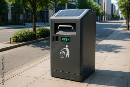 A modern solar-powered trash bin stands on a clean city sidewalk, symbolizing innovation in urban waste management.