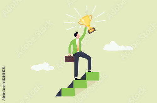Smart and confident businessman climbs the ladder to the top to reach the precious star. achieving or obtaining business goals, award concept.