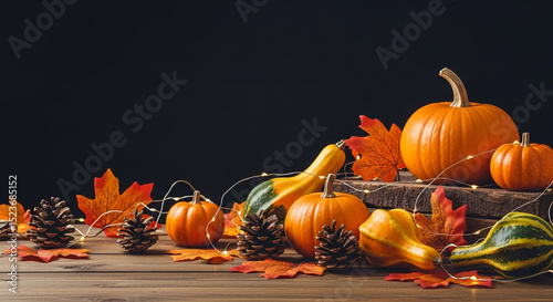 Autumnal Still Life Scene Featuring Pumpkins and Fall Leaves