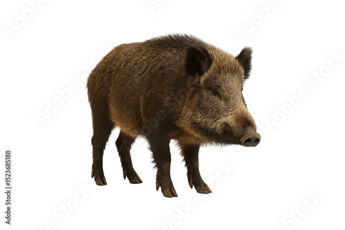 Behang wild boar isolated on white background, transparent, clipping path, High resolution image of a wild pig standing alert, showcasing natural fur texture and details