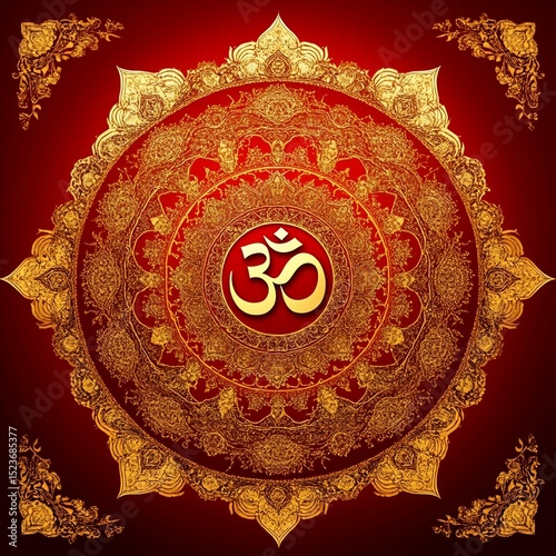 Golden Om Symbol in Ornate Mandala on Red Background – Spiritual Hindu Art
A visually stunning artwork of the sacred Om (ॐ) symbol at the center of an intricate golden mandala on a rich red background