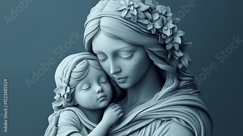 A serene sculpture of a mother and child embracing in gentle affection.