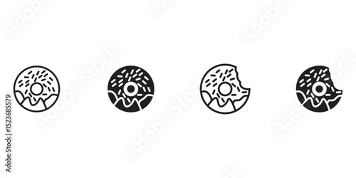 Donuts icon vector. Donut icons in line and flat style. Bitten donut, bakery, desserts, sweet donut with sprinkles sign and symbol. Bakery sign and symbol. Vector illustration
