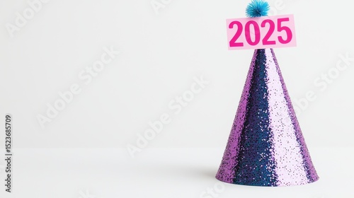 New Year's Eve party cone hat with a sign displaying the year 2025, with space for text. A festive symbol for the upcoming new year.