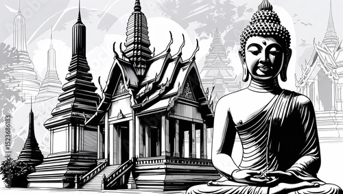 Thailand Landmarks. Travel and Tourism background. Vector background. Line illustration. Temple and Buddha Must-Have Image SEO key - 1
