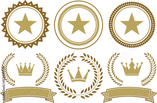 Elegant gold award badges featuring stars crowns and ribbons for recognition
