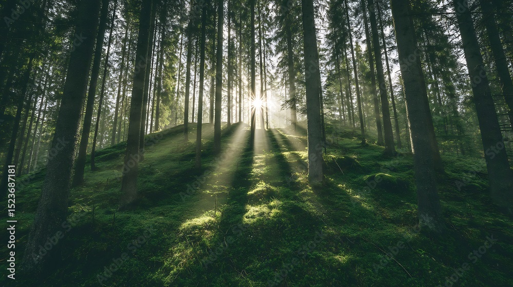 Obraz premium Sun rays through towering forest trees