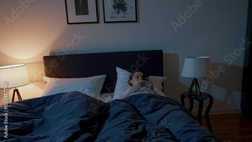 Couple lies in bed at night, backs turned, silently scrolling phones. Soft bedside lighting, emotional distance, cinematic mood, slow zoom enhances quiet disconnection