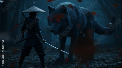 Ninja warrior versus dark wolf fantasy scene