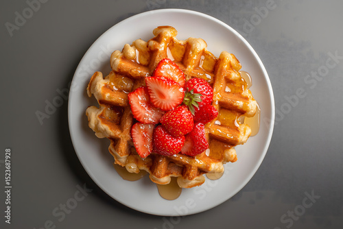 Crispy Round Waffle Topped with Fresh Strawberries and Syrup