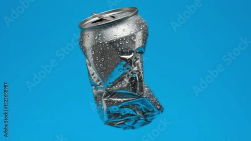 Crumpled beverage can on blue background