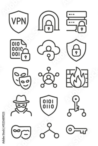 Cybersecurity icons including vpn, firewall, and encryption symbols