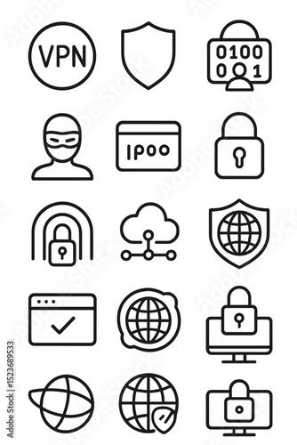 Cybersecurity icons set: vpn, cloud, shield, lock, mask, browser, globe