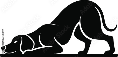A black silhouette of a dog in a playful bow position with its head lowered and tail curved up high