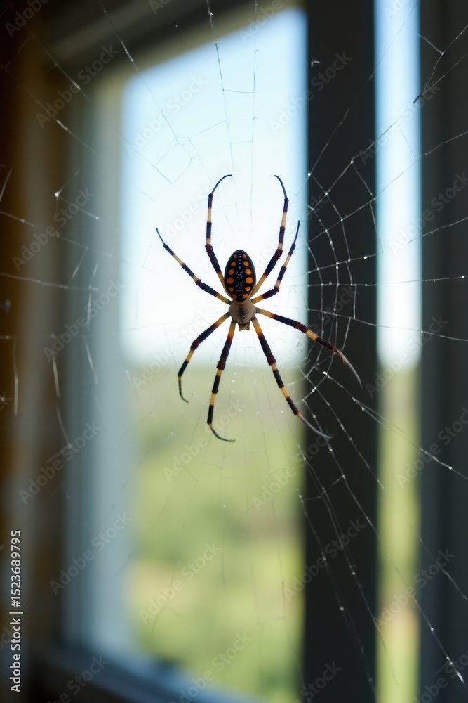 Obraz premium A colorful spider with bright markings stands on a shiny web stretched across a window frame. The background shows a soft indoor light and blurred curtains