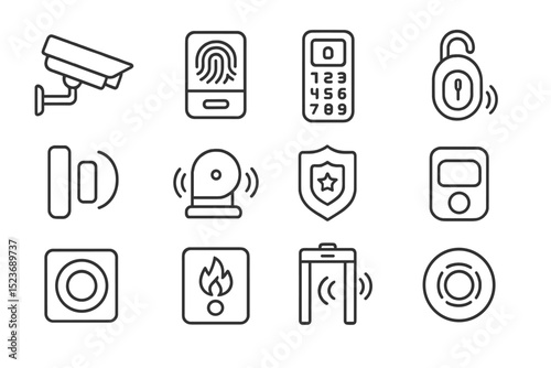 Security icons: camera, fingerprint, lock, alarm, shield, fire detectors