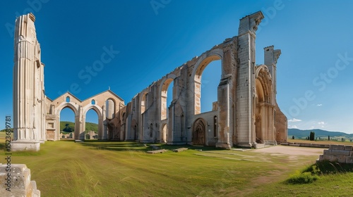 wide-angle view of the Great Cistercian Abbey of San Galgano in Tuscany, Italy, showcasing its towering stone walls and intricate Gothic arches under a clear blue sky.