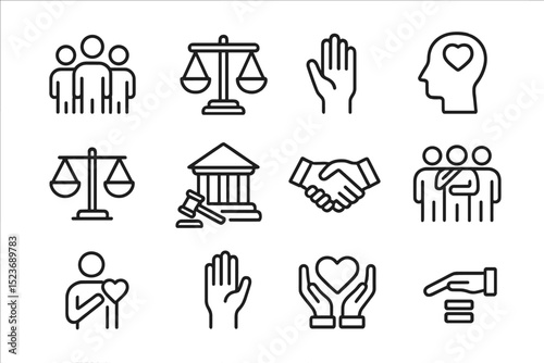 Justice and equality icons illustrating law, fairness, and integrity principles