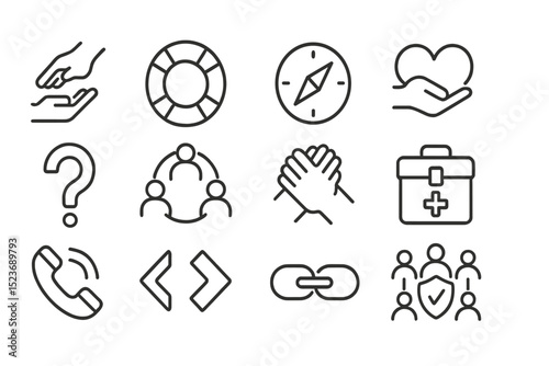 Minimalist icon set on grayscale background with healthcare and communication themes