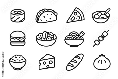 Variety of food icons: pizza, sushi, burger, ramen, cheese, taco, dumpling, bread