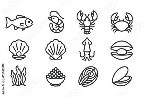 Black and white outline icons of seafood and marine animals collection