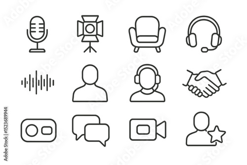 Podcast icon set: microphone, headset, chat, video, people silhouettes