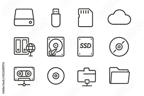 Digital storage icons: hard drive, usb, cloud, ssd, disk, cassette, folder