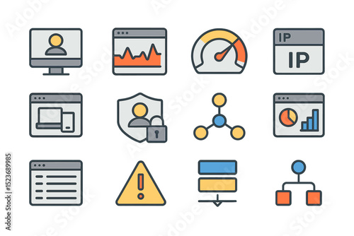Technology and security icons set featuring various tools and symbols