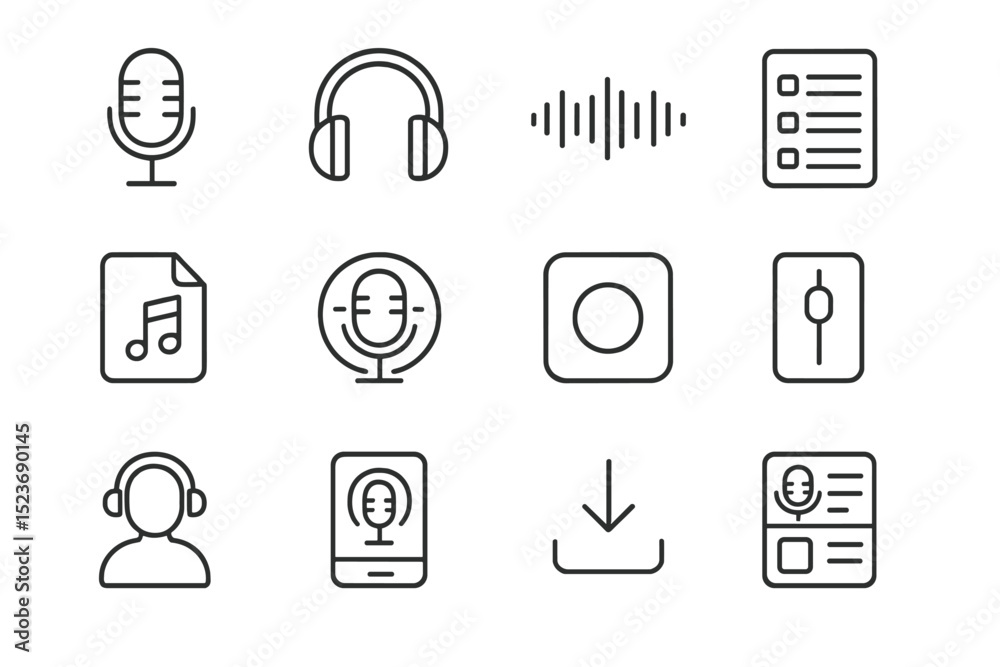Audio icons set featuring microphone, headphones, and music elements Audio icons set featuring microphone, headphones, and music elements