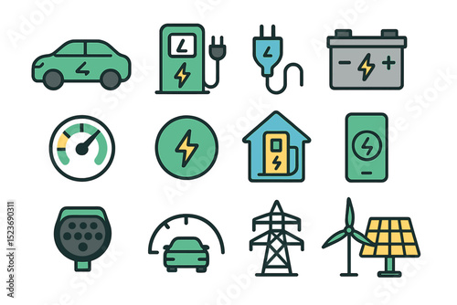 Electric vehicle and renewable energy icons for green transportation solutions