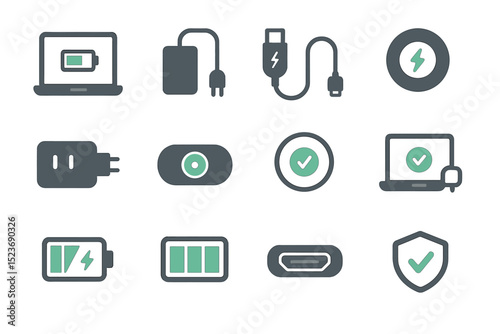 Battery and charging icons set with laptop, arrows, and shields