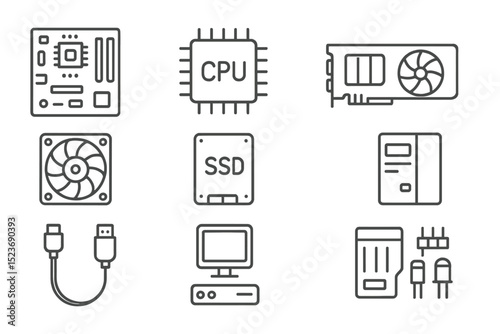 Monochrome computer hardware icons: cpu, gpu, ssd, motherboard, and more