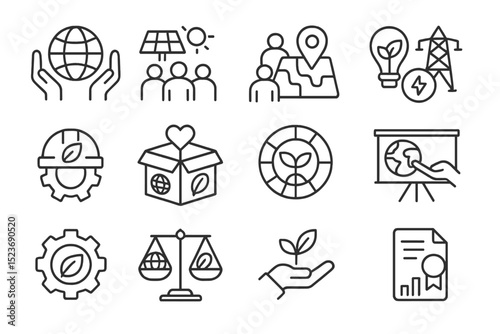 Sustainable energy and eco-friendly technology icons on dark background