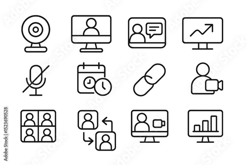 Video conferencing icons set for online meetings and communication tools