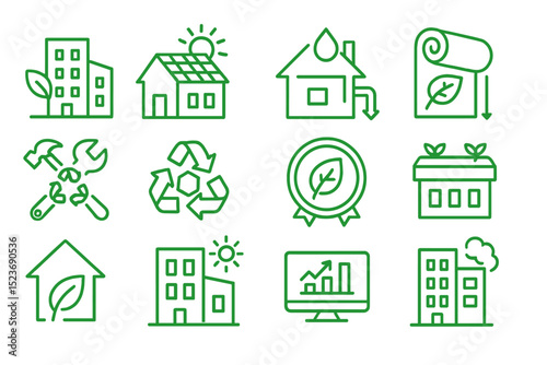 Green building icons for eco-friendly construction and sustainable living