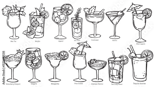 Set of alcoholic cocktails. Vector illustration in doodle style