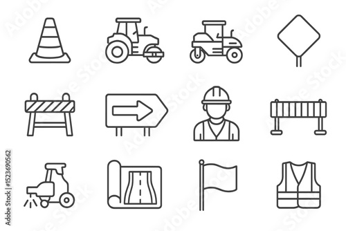 Construction symbols on dark background - safety, equipment, icons, roadwork