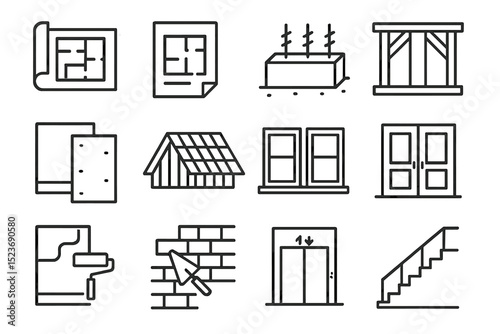 Architectural icons set: blueprint, door, elevator, stairs, roof, window