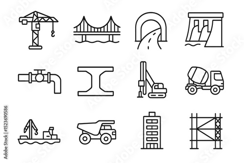 Outline icons of construction, infrastructure, and engineering elements