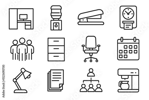 Office icon set featuring furniture, equipment, and teamwork elements