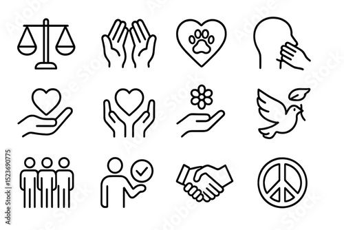 Icons of justice compassion harmony peace and equality in black and white