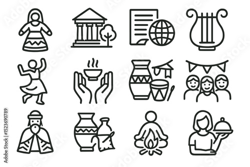 Set of icons depicting cultural elements and activities