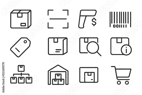 Warehouse icons: boxes, barcode scanner, cart, warehouse, tag, inventory, barcode