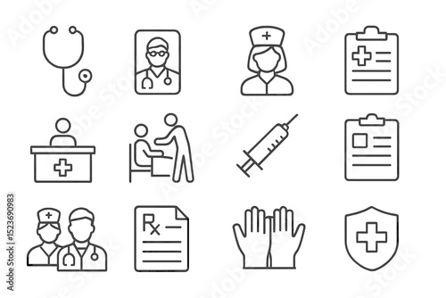 Healthcare icon set with medical staff, equipment, and protective symbols