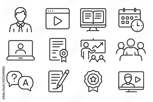Online education icons: learning, certification, video, computer, calendar