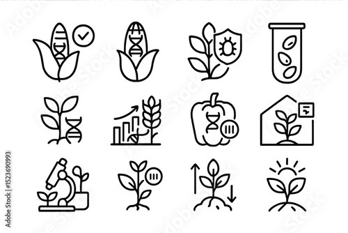 Genetically modified crop icons: dna, growth, and science symbols
