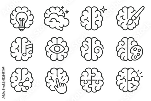 Brain icons illustrating creativity and cognitive functions on dark background